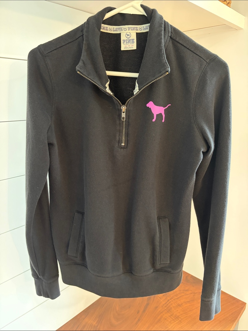 PINK Victoria's Secret Black Zip-Front Pullover with Hot Pink Script